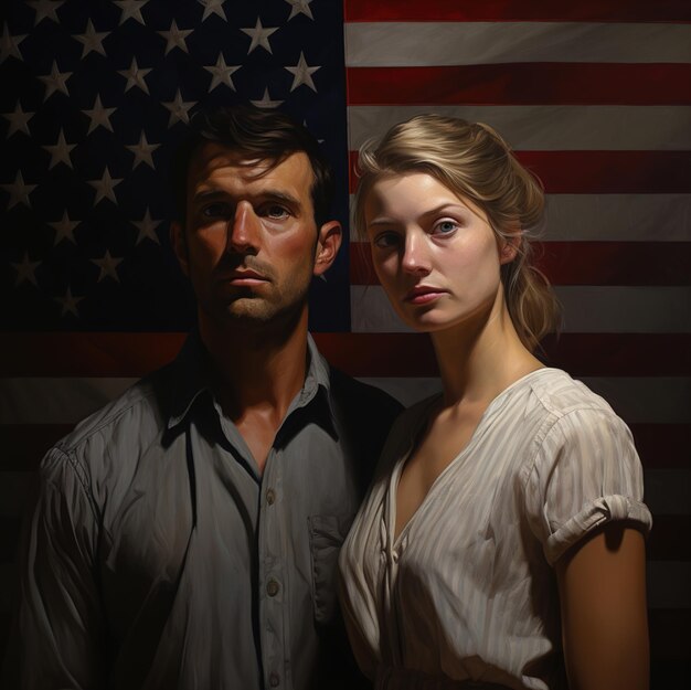 Photo a man and a woman stand in front of a flag that says 