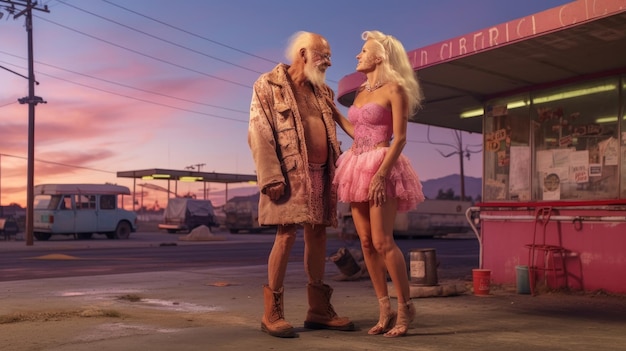A man and a woman stand in front of a gas station with a pink sky behind them.