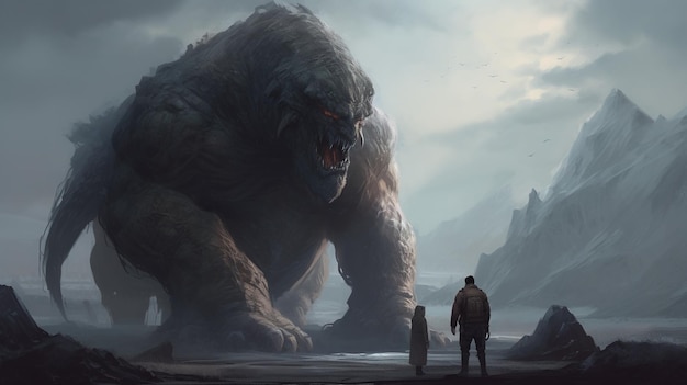 A man and a woman stand in front of a giant monster.