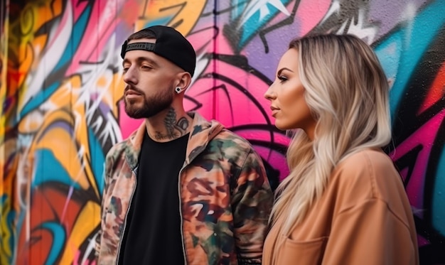 A man and a woman stand in front of a graffiti wall.