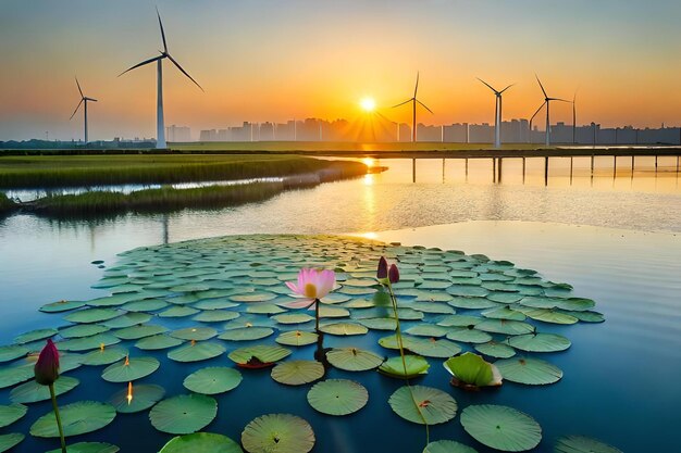 A man and woman stand in front of a lake with water lilies in the foreground.