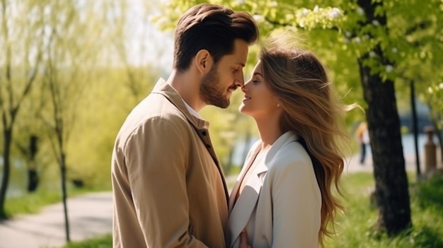 Photo a man and woman stand in front of a tree with the sun shining on their faces