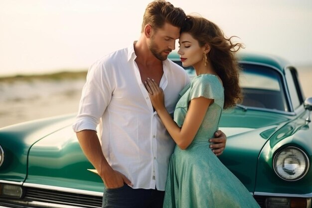 Photo a man and woman stand in front of a vintage car