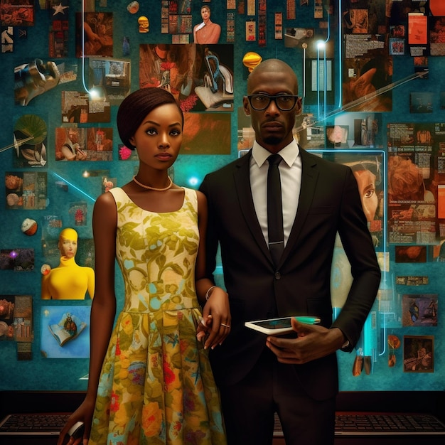 a man and a woman stand in front of a wall of pictures of people.