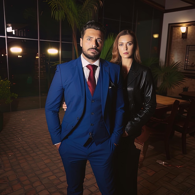 a man and a woman stand in front of a window with the word " on it. "