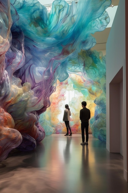 A man and woman stand in a hallway with a large, colorful, art installation.