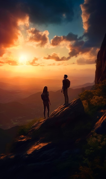 Photo man and woman stand high on the rock at sunset couple of mountain hikers watching sun down generative ai