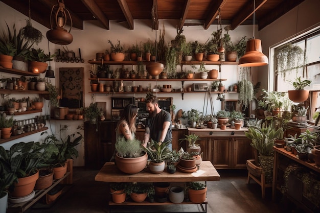 A man and woman stand in a room with pots of plants and a sign that says'the potting shed '