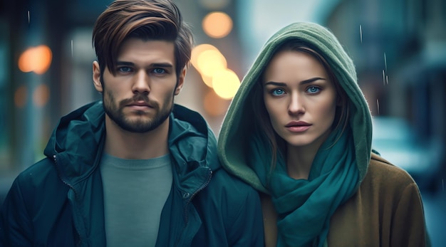 A man and a woman stand in a street with a green hood.