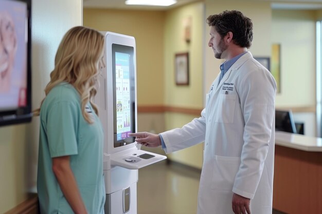 A man and a woman stand together in front of a vending machine selecting their desired snacks and drinks Patient interacting with a medical information kiosk AI Generated