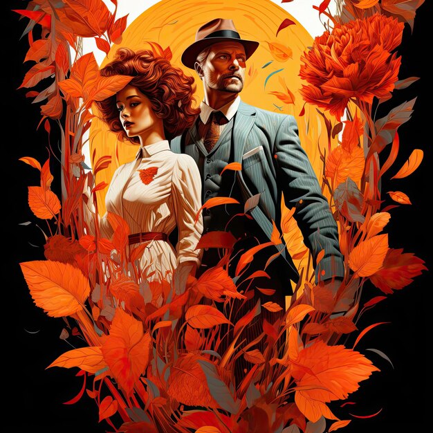 a man and woman standing in autumn leaves in the style of stylized realism