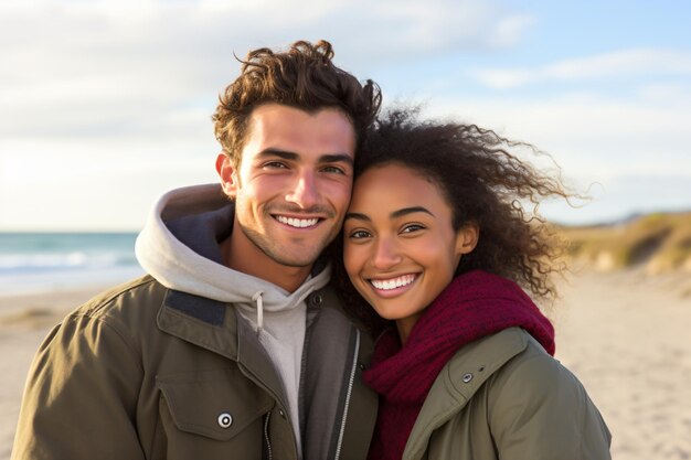 Photo a man and woman standing on a beach