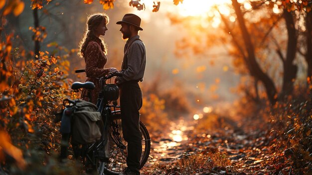 Photo a man and a woman standing to a bike wall background