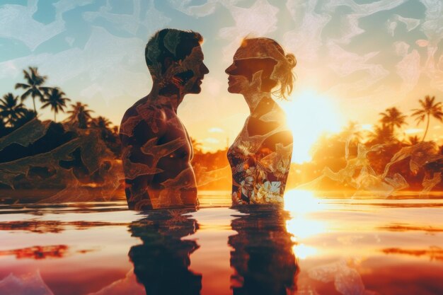 Photo a man and a woman standing in a body of water generative ai image