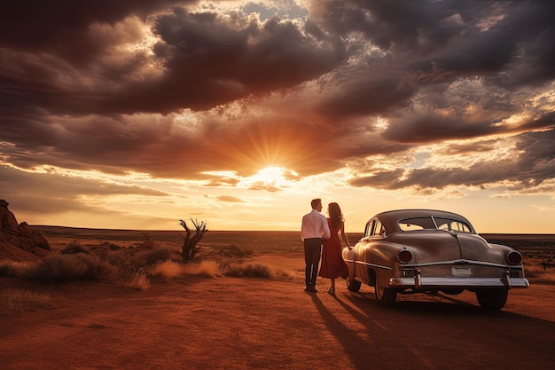 Photo a man and woman standing next to a car in the desert