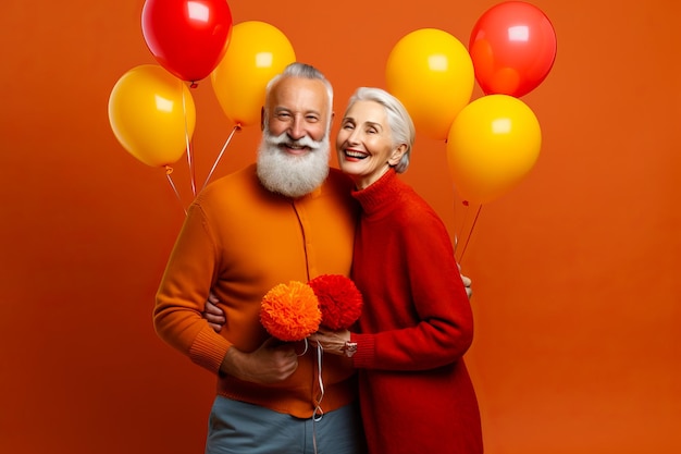 Man and woman standing next to each other in front of balloons generative ai