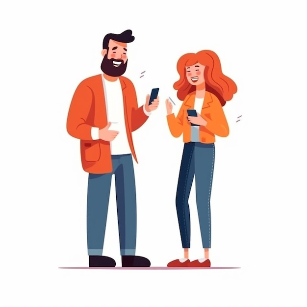 a man and woman standing next to each other and talking on their phones generative ai