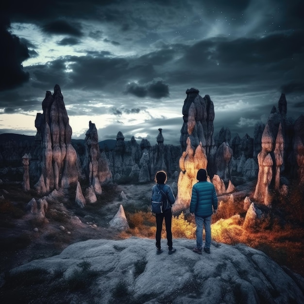 Man and woman standing on the edge of a cliff in the mountains