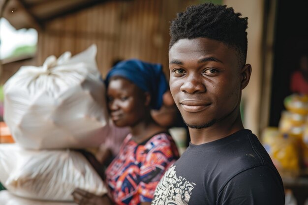 Photo man and woman standing in front of bags of food