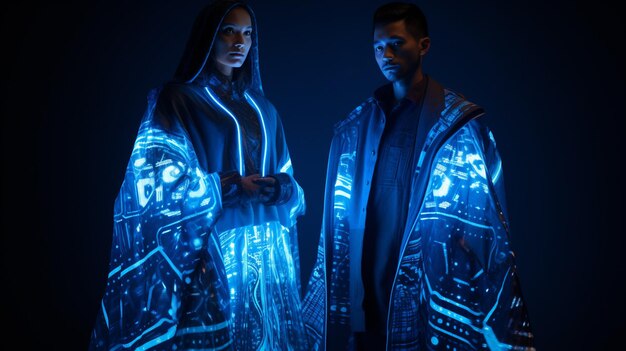 Photo a man and woman standing in front of a blue light generative ai