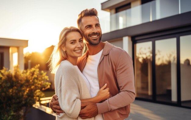 Photo man and woman standing in front of house