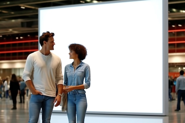 Foto uomo e donna in piedi davanti a una massiccia struttura bianca generativa ai