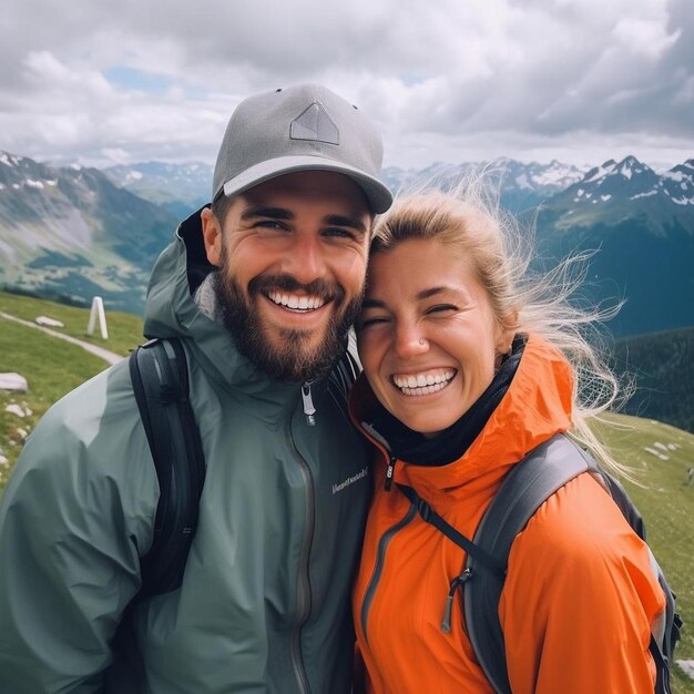 a man and a woman standing in front of a mountain