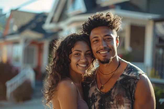 Man and Woman Standing in Front of Row of Houses