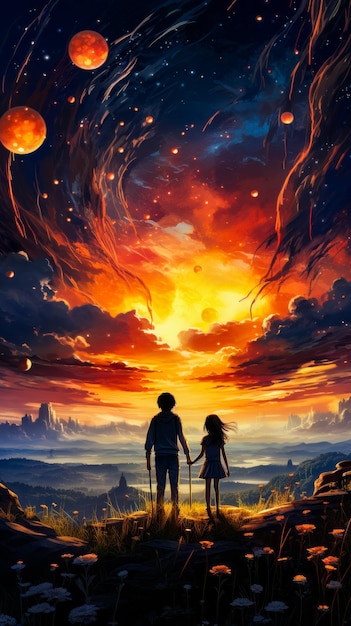 Man and woman standing in front of sunset Generative AI