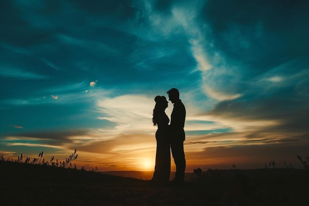 a man and a woman standing in front of a sunset