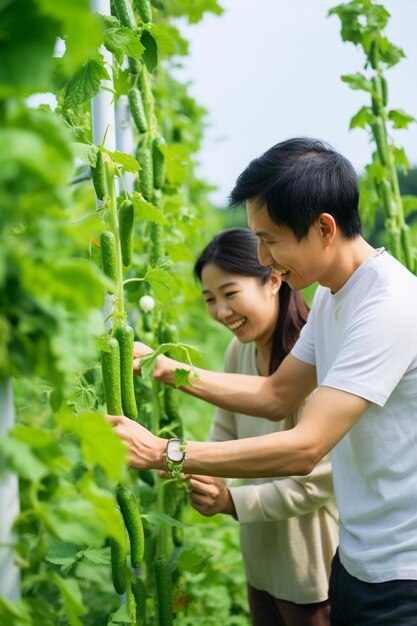 남자와 여자가 정원에 서 있다