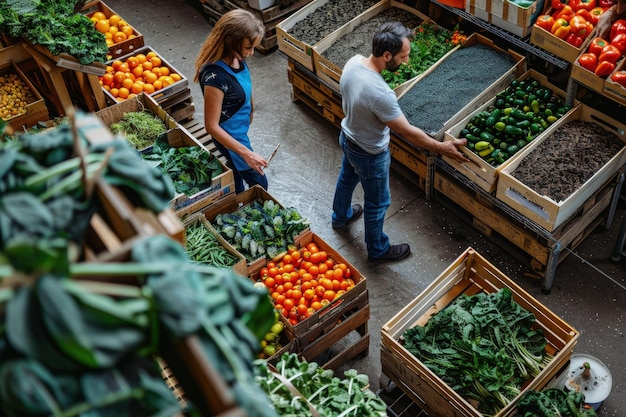 Мужчина и женщина, стоящие на продуктовом рынке