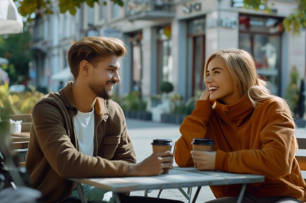 Man and a woman in a street cafe drinking coffee flirting and smiling