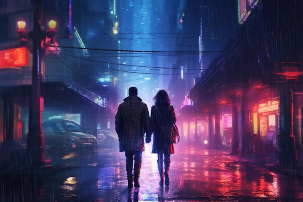 ネオンと街の電気エネルギーを楽しみながら雨の夜の街を歩く男女 神秘的な雰囲気が魅惑的な体験を生み出す ジェネレーティブAI