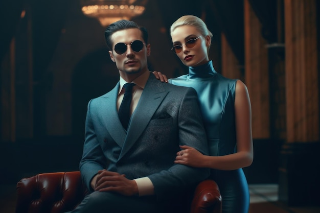 Photo a man and a woman in a suit and sunglasses sit in a chair.