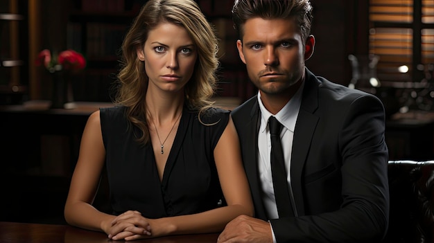 a man and woman in suits sit at a table in front of a book.