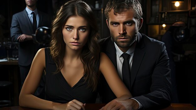 a man and woman in suits sit on a table in front of a laptop.