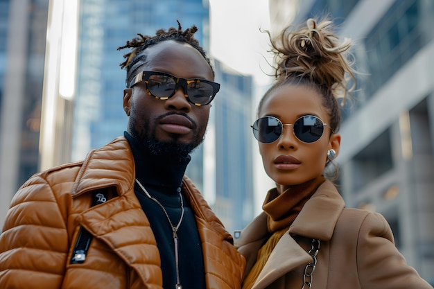 A man and a woman in sunglasses stand together in front of a building