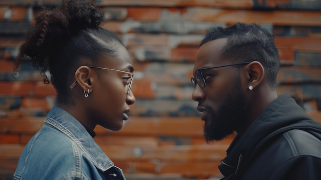 a man and a woman talking in front of a brick wall