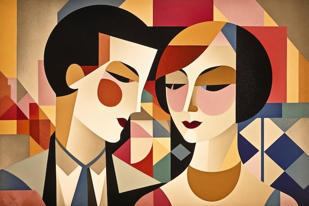 Man and woman together couple in love romantic relationship Abstract illustration in Bauhaus style Generative AI