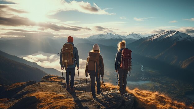 観光装備の男性と女性が岩の上に立ってパノラマ景色を眺めていますバックパックを背負った2人の観光客が山の頂上から夕暮れの景色を楽しんでいます