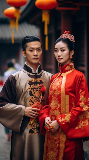 A man and a woman in traditional chinese costumes stand in a street.