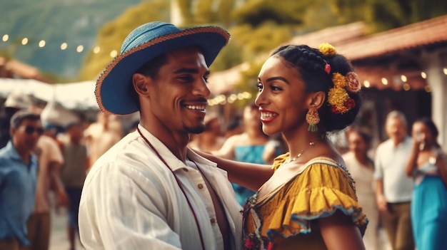 A man and woman in traditional costumes smile and dancing