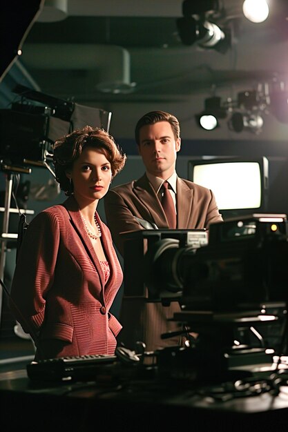 Man and woman TV presenters anchor the news in a television news studio