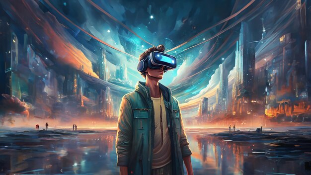 Photo a man or woman uses vr glasses to adopt the metaverse