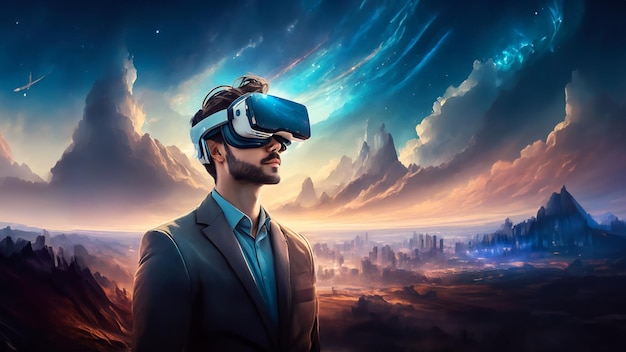 Photo a man or woman uses vr glasses to adopt the metaverse