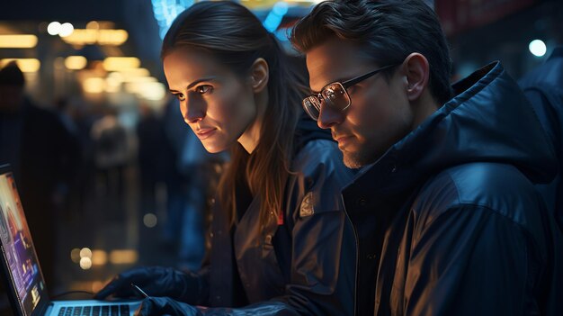 Photo man and woman viewing laptop