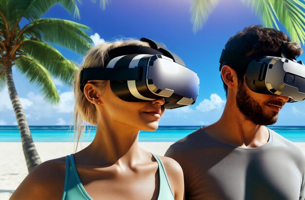 Man and woman in VR goggle on background of tropic Portrait of happy couple in virtual reality glasses Concept of artificial reality Generative AI