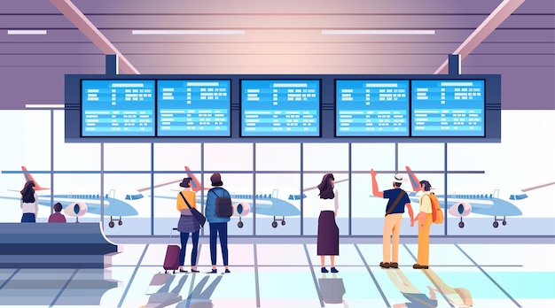 man woman waiting takeoff in airport hall departure lounge passengers terminal check interior
