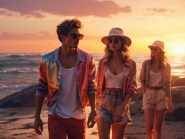 Photo a man and a woman walk along the beach the sun is setting